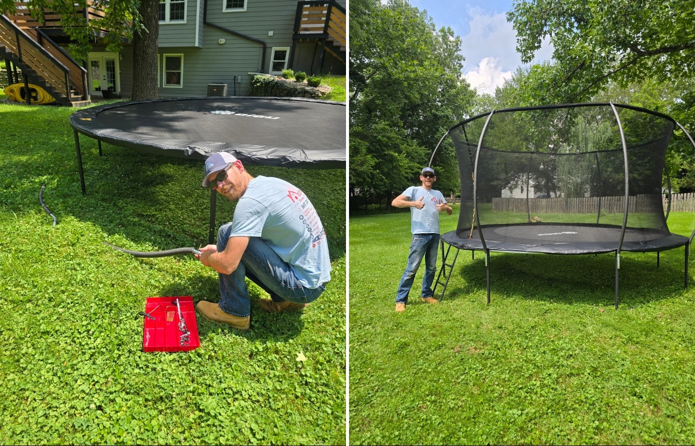 Brett Andrews assembling a backyard trampoline, then standing beside the finished enclosure